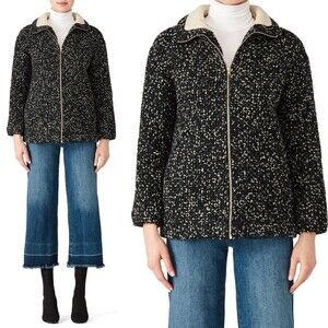 BA&SH Sherpa Shearling Lined Knit Wool Blend Boxy Coat Black White Size Small 6